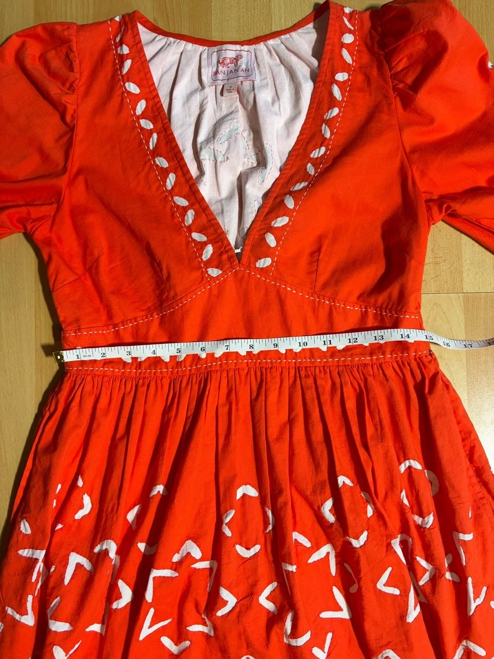 Anthropologie‎ Banjanan Red with Inlaid Embroiderey Mini Dress Poplin Cotton